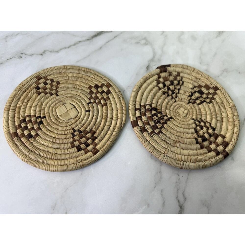 12” Handwoven African Coiled Raffia Basket Woven Round Trivet Placemat Plate
